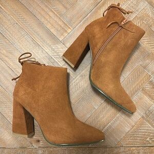 NEW Cognac Brown Suede Leather Ankle Boot Bootie with Asymmetric Block Heel